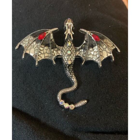 Silver Tone & Rhinestone Dragon Brooch Flying Dragon Goth Emo - Picture 1 of 6